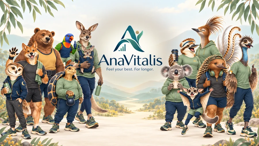 The AnaMo characters (a bear, kangaroo, koala, owl, lorikeet, echidna and other Australian animals in sportswear) gathered on a sunny bush trail around the AnaVitalis logo.
